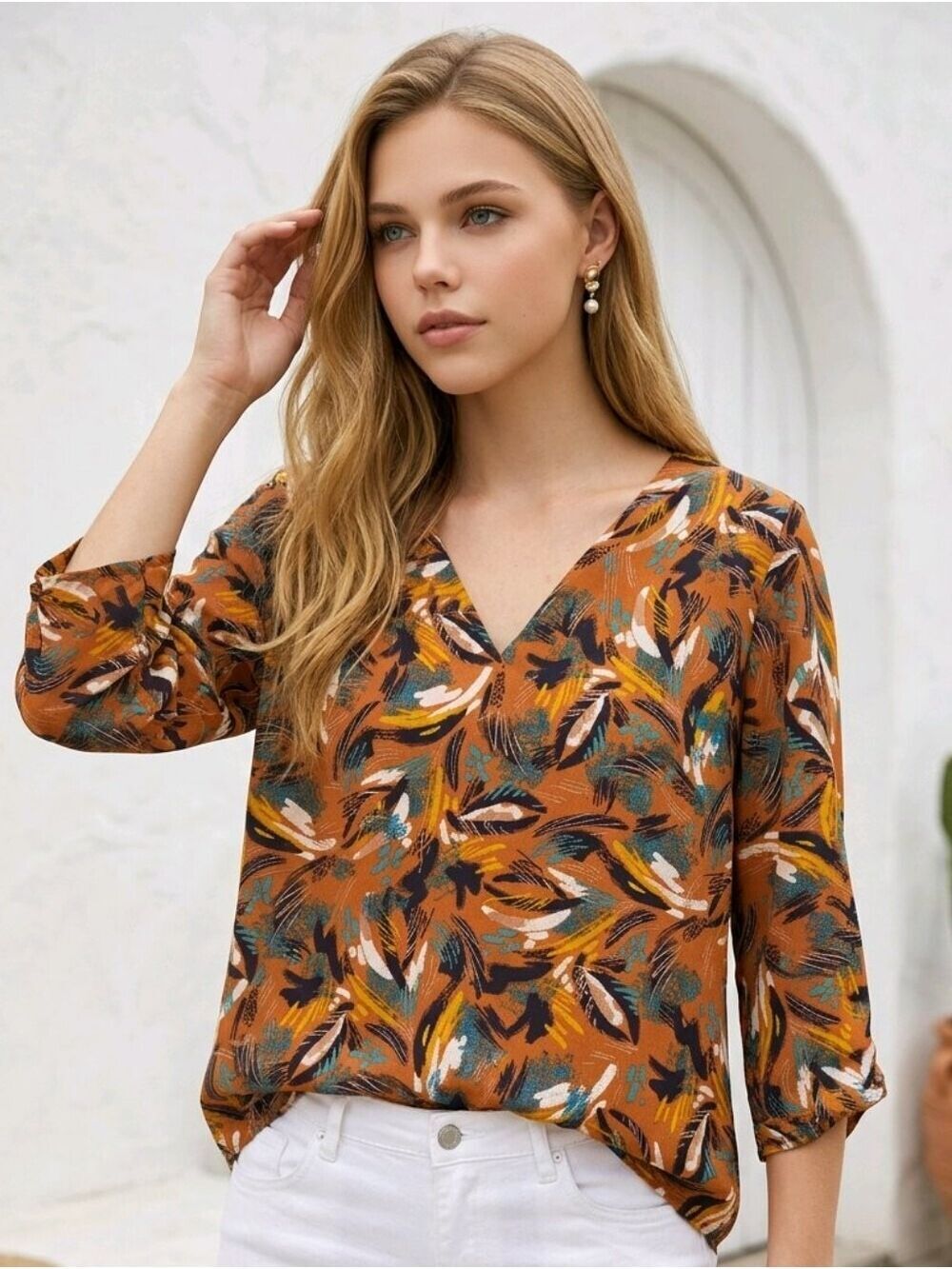 DR2 Rust Multi Feather Print V-Neck Blouse Large #BL31